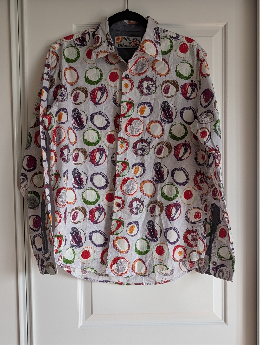 Desigual Men's Multi-Color Circle Print Button Down Shirt Artsy Geometric Size M
